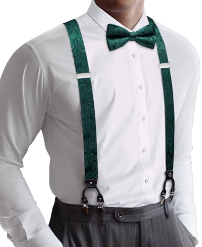 Image of YOHOWA Men Suspenders 6 Clips Strength Adjustable Y Braces Pre-Tied Bow Tie Set Formal Wedding Party