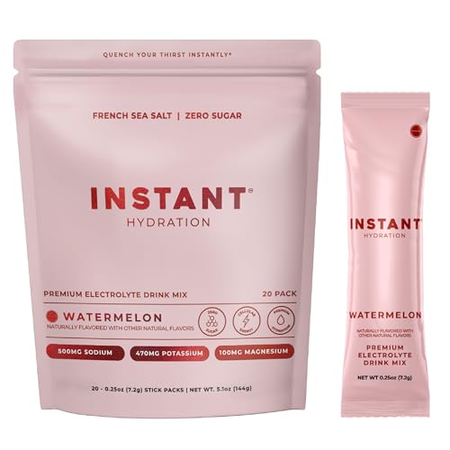 Instant Hydration Sugar Free Electrolytes Powder Packets - Watermelon Electrolyte Drink Mix & Travel Essentials - Post Workout Recovery Brain Health Muscle & Tissue Support - 20 Sticks