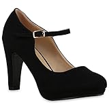  Damen Pumps T-Strap Blockabsatz High Heels Damen Mary Janes Samt Velours Spangenpumps Lack Leder-Optik Schuhe 129495 Schwarz 37 Flandell