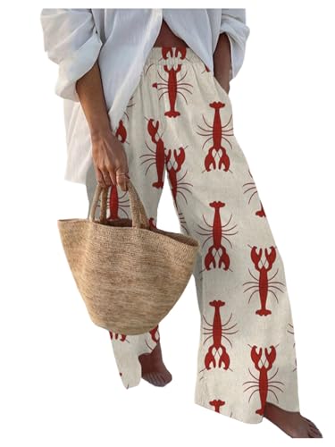 Women's Graphic Wide Leg Beach Pants Elastic Waist Boho Casual Trousers with Pockets