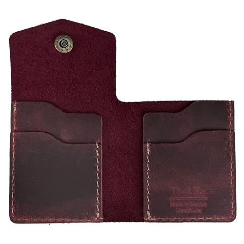 Wallet Card Holder for Men with 2 Card Spaces Handmade from Full Grain Leather Handmade Rustic Minimalist (Wine)
