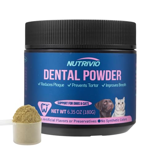Nutrivio Dental Powder for Dogs & Cats - 5 Strains of Probiotics with 10B CFU, Natural Ingredients for Plaque & Tartar Control, Fresh Breath Oral Care,Safe for All Breeds & Ages Pets - 6.35oz(180g)