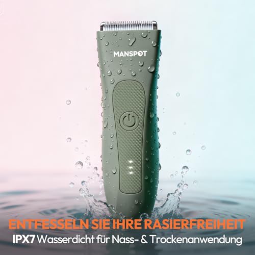 MANSPOT Intimrasierer Mann, Körperhaartrimmer für Herren, Professioneller Body Trimmer Wasserdicht mit 4 Scherkämmen – Für Trimmen von Brust, Beinen, Achseln & Intimbereich – Nass & Trocken