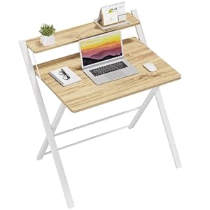 GreenForest Folding Desk No Assembly Required Small Size, 2-Tier Foldable Computer Desk with Shelf for Home Office, Space Saving Portable Laptop Study Foldable Table for Small Spaces, Oak