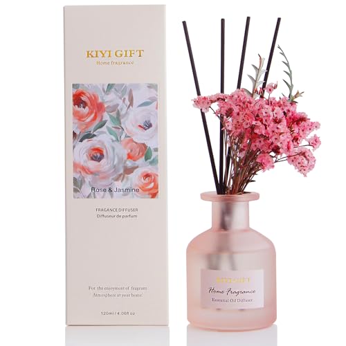 KIYIGIFT Reed Diffuser Set, Pink Scented Diffuser with Sticks, Home Fragrance for Bathroom & Shelf Decor, Air Fresheners, 4.06oz Jasmine Rose