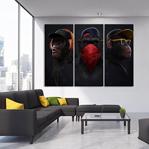 3 Piece Framed Canvas Multi Panel Art - Three Wise Monkeys Modern Wall Decor for Living Room Man Cave (Ready to Hang) (Large (50.5" x 32"))