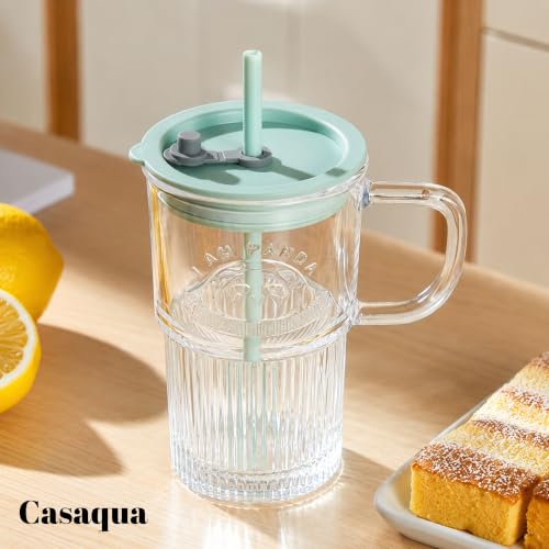Image of Iridescent Glass Tumbler with Handle Lid and Straw - 400ML, Set of 1, Travel Coffee Sipper Mug Leakproof for Juice Cocktail Iced Tea Smoothie Hot Cold Drink Cup (Receiving Random Color)