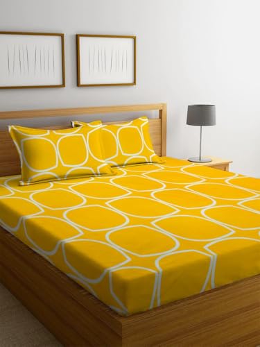 Image of 100% Cotton Elastic Fitted Bedsheets with 2 King Size Pillow Covers Double Bed with All Around Elastic Supersoft Size - 72 King Sizex78+10 inches Olive Print Yellow 200 tc - 220 tc