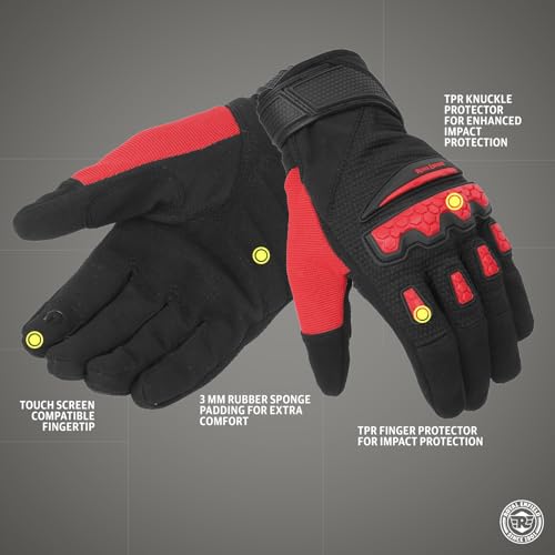 Image of Royal Enfield Urban Hustler V2 Riding Gloves 100% Polyester Air Mesh for Ventilation | TPR Knuckle Protectors | Microsuede Grip Patch | Poly Stretch Fabric for Better Flexibility RED 2XL 24CM