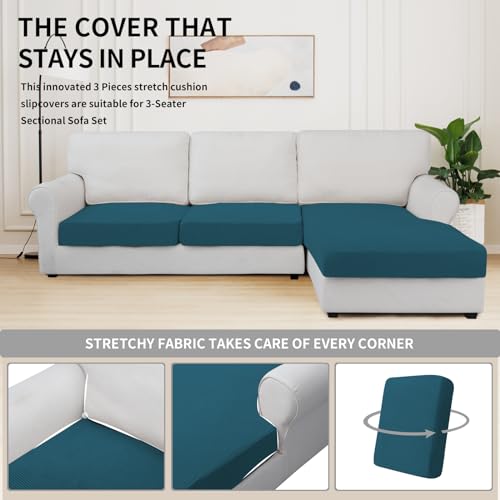 Image of Easy-Going Stretch 3 Pieces Couch Cushion Covers for Sectional Sofa Left /Right L Shape Chaise Lounge Sofa Seat slipcover Anti-Slip Sofa Cover Soft (2 Seater + 1 Chaise, Peacock Blue) | 2 Seater + 1 Chaise Lounge Left /Right L Sofa Seat slipcover Anti-Slip Sofa Cover Soft Peacock Blue