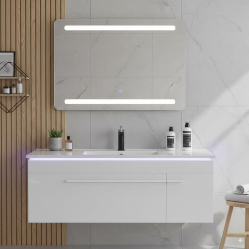 Faizee Möbel | Badmöbel-Set 90 cm Weiß Hochglanz – Keramik-Waschbecken & LED-Spiegel | Modernes Design fürs Bad