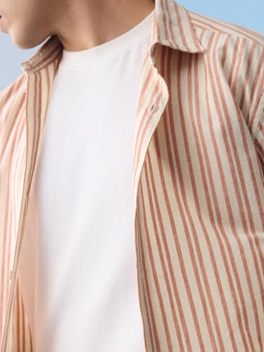 Image of The Souled Store Cotton Linen Stripes: Apricot Men and Boys Long Sleeves Collared Neck Orange Stripes Regular Fit Lightweight Comfortable Summer Cotton Linen Shirts