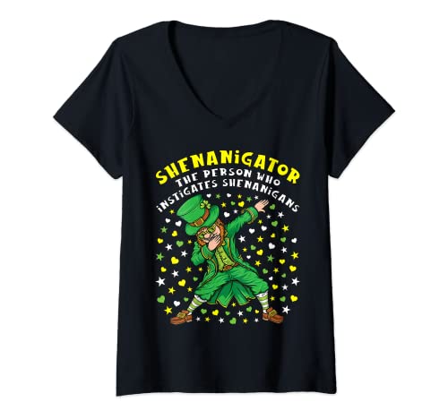 Mujer Shenanigator Divertido Día de San Patricio Dabbing Leprechaun Camiseta Cuello V