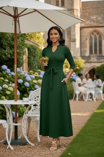 Image of FANDEE Maxi Dress for Women, Casual V Neck 3 /4 Sleeve Long Dresses with Pockets