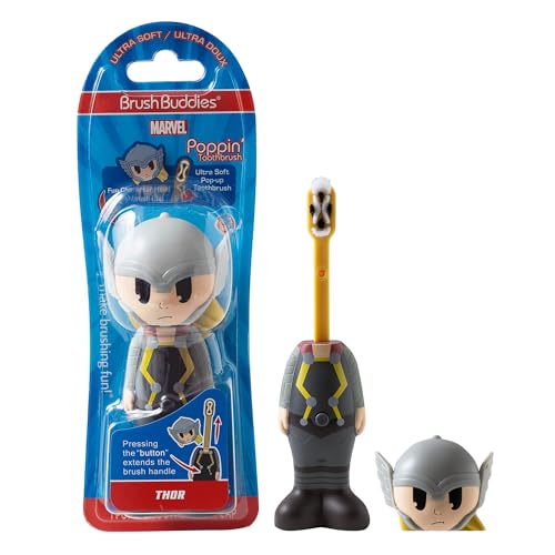 Brush Buddies Poppin' Fun - Spazzolino da denti per bambini, con setole morbide e arrotondate, ultra morbido, con coperchio per spazzolino da denti con supereroe