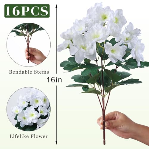 Image of 16 Bundles Artificial Flowers for Front Door, Fake Silk Azalea Bouquet Silk Flowers for Outside UV Resistant Realistic Faux Plants for Planter Farmhouse Patio Garden Walkways Home Decor (White)