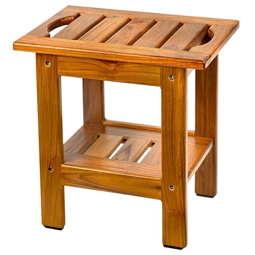 VaeFae Duschbank aus Teakholz Kleiner Badhocker Hocker Zweistufiger Duschhocker aus Holz Badezimmerhocker mit Ablage und Rutschfesten Füßen für Badezimmer Duschkabinen Schlafzimmer Balkone