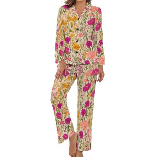 Pyjama femme manches longues floral pantalon vêtements de nuit doux grande taille