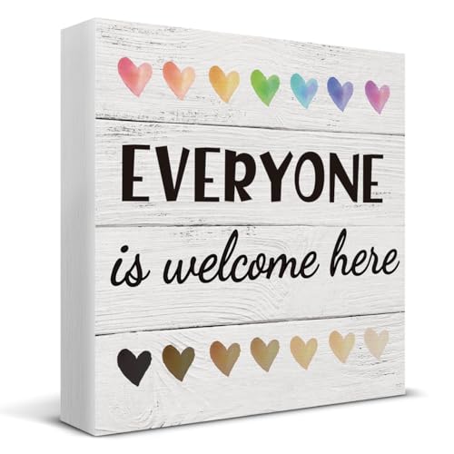 NANVIER Everyone is Welcome Here Wooden Box Sign Desk Decor, Gay Pride Gifts, LGBT Decor Equality Quote Wood Box Sign for Home Classroom Shelf Table Decoration 5 X 5 Inch