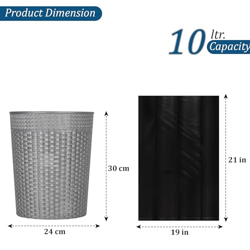 Image of Kuber Industries Dustbin & Garbage Bag Set | 10 L Open Waste Bin with (Black - 2 Roll) 19x21 Inch Disposable Bags for Kitchen, Office | Check - Grey