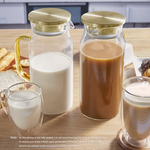 Image of Bivvclaz 2 Pack 2 Liter 68 oz 2.1 Qt Gold Glass Pitcher with Lid and Handle, Water Pitcher for Fridge, Glass Carafe for Hot /Cold Water, Large Iced Tea Jug for Coffee, Juice and Homemade Beverage