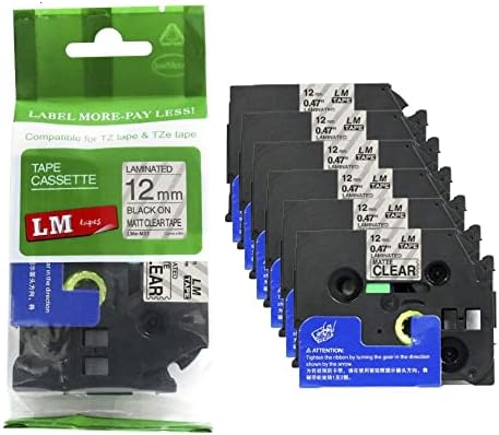 6/Pack - LM Tapes Compatible TZe-M31 Black on Matte Clear p-Touch Label Tape, 12mm Laminated replacment TZeM31 Tape, TZM31 0.47" Black Ink on Clear Matte Label.