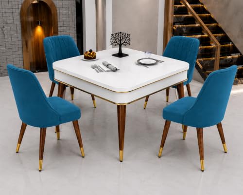 Image of WOODEN SPACE 4 Seater Wooden Dining Table Set | Urban Marble Top Dining Table with Chairs for Dining Room & Kitchen (Modern Frontline Blue) (42 x 42 x 30 inch)