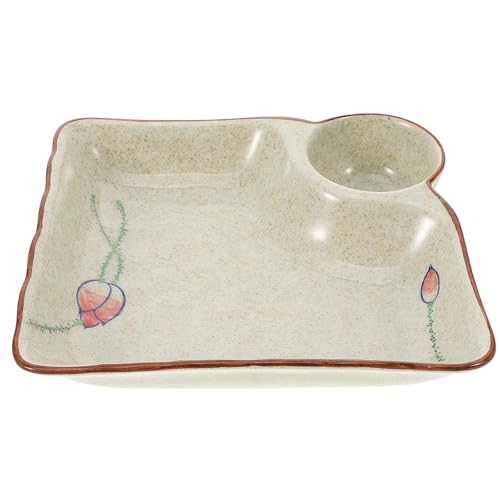 Angoily Assiette en Céramique Design Simple pour Raviolis Beige avec Compartiment Sauce, Résistante Lave-Vaisselle pour Repas Japonerie et Sushis