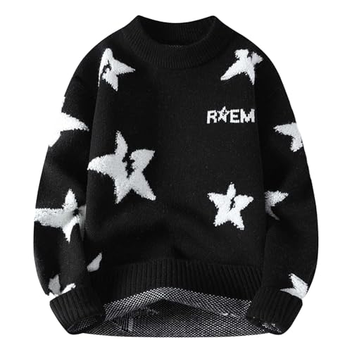 Image of Generisch Jumper Men's Star Pattern Winter Jumper Heavyweight Knitted Jumper Pair Outfit Oversized Knitted Jumper Y2K Sweater Crew Neck Pullover Basic Jumper Business Jumper Ribbed, black, L