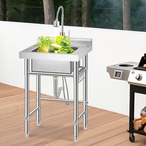 Image of Garvee Stainless Steel Utility Sink with Faucet & Storage Shelf, 304 Single Bowl Freestanding Sink with Adjustable Legs, S-Hooks, Hot & Cold Water Pipes for Kitchen, Laundry, Garage, Farm, Outdoor Use