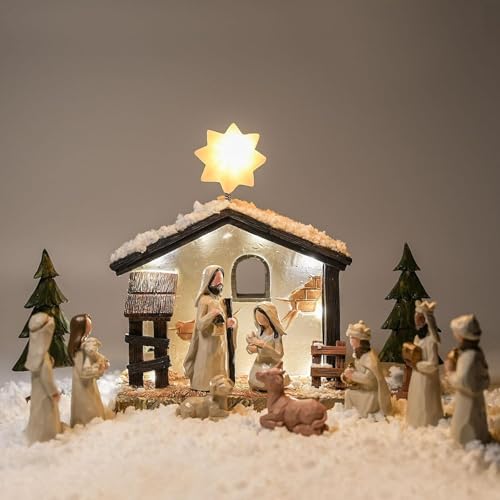 WANCHIY Nativity Set Indoor Christmas Decoration- 13 Pieces Nativity Scene with Manger for Nativity Scene Indoor Use, The Nativity Story Figures- Christian Religious Nativity Sets & Figures (Classic)