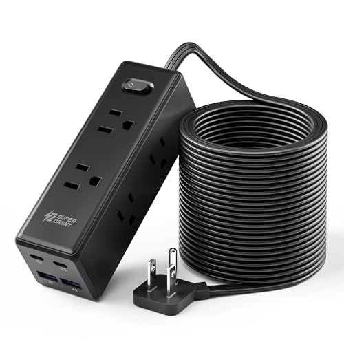 20 Ft Extension Cord with Multiple Outlets Long Extension with 6 Outlets 4 USB Ports(2 USB C) Flat Plug Surge Protector Power Strip for Home Office Supplies Dorm Essentials Black