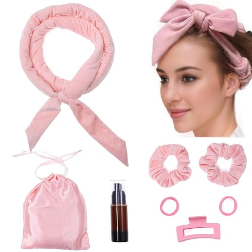 Heatless Hair Curls Headband Set-YiQiYi Heatless Curling Rod Headband Velvet Hair Roller Set for Women Girls Overnight DIY Wave Hair No Heat Curlers to Sleep In (Pink)