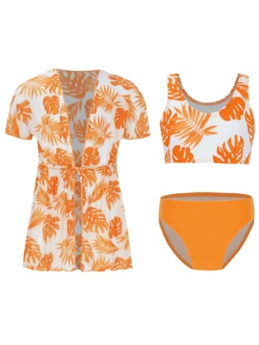 Kids Girls 3Pcs Tropical Print Straps Swim Tops and Bottom with Dress Beach Cover Up Bathing Suit - Main Image
