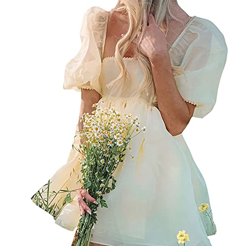 Pejihota Womens Off-Shoulder Ruffled Fluffy Short-Sleeved Mesh Party Mini Princess Dress