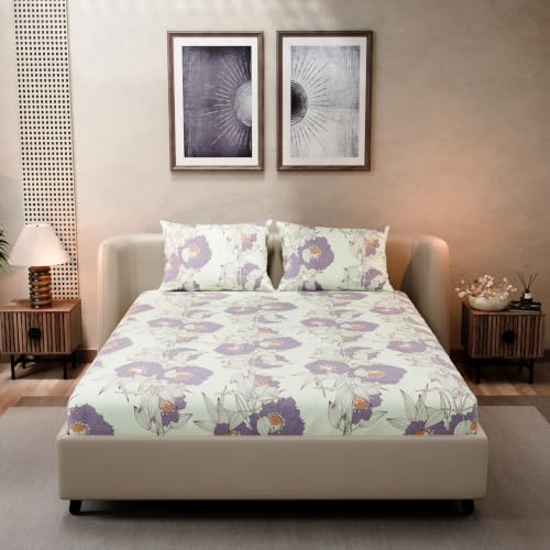 Image of BLISSHOME SoftTouch 140TC Cotton King Size Fitted Bedsheet with 2 Pillow Covers, Silky Smooth Bedding Set, Breathable, Easy Maintain, Floral Print - White, Pink (182cm x 198cm x 25cm Drop)