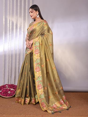 Image of SWORNOF Gold-Toned Woven Design Silk Zari Tissue Saree | Saree for Women | Soft and Skin Friendly