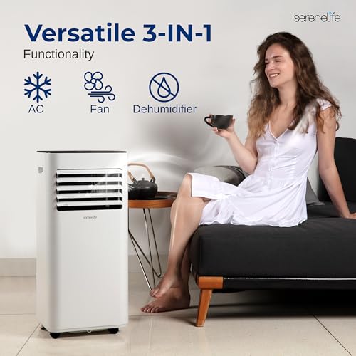 Image of SereneLife 10000 BTU Portable Air Conditioner - Free-Standing A /C Unit w /Cooling, Dehumidifier & Fan, Energy Efficient, 320 Sq. Ft. Coverage, Includes Window Mount Kit & Wheels, 11x11x27 IN (White)