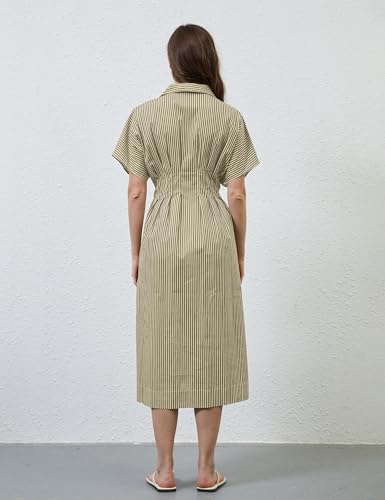 Image of MSBESYOR Women Button Front Pleated Shirt Maxi Dress Summer Striped Prints Short Sleeve Collar Casual Long Dresses