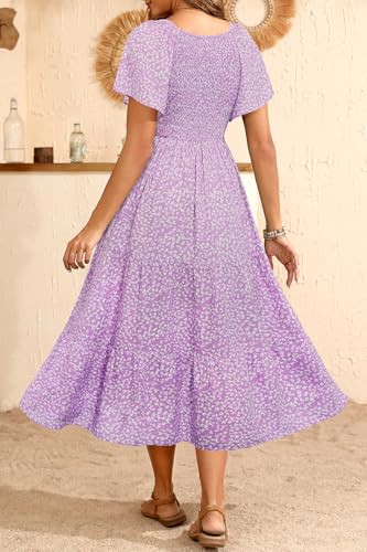 Image of Pinup Fashion Maternity Summer Dress Baby Shower Easter Pregnancy A-Line | Smocked V-neck, flutter sleeves, breathable floral fabric, bump friendly, perfect for photoshoot, spring casual,postpartum
