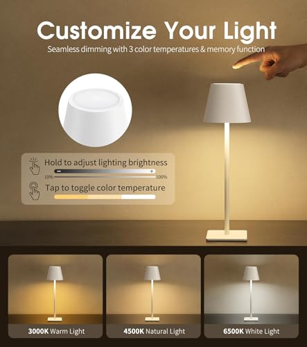 Image of UME 3 Pack Cordless Table Lamp, Battery Operated Lamp - Portable Waterproof Rechargeable Table Lamp 3 Color Temps & Stepless Dimming for Dinner, Desk, Cafe, Outdoor (White)