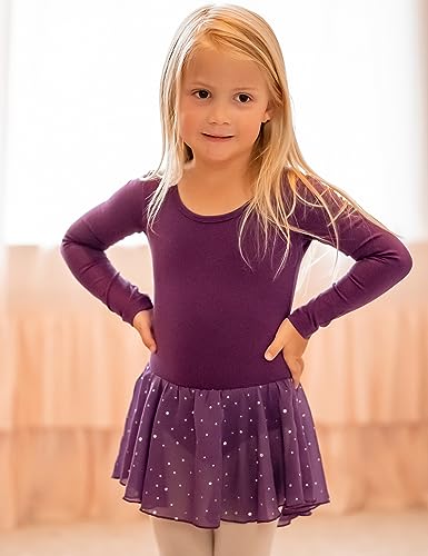 Image of Arshiner Girls Long Sleeve Ballet Leotards with Shinny Skirts Criss-Cross Back Dance Dresses