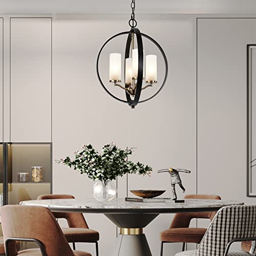 Durent Lighting Black And Gold Chandelier, 4-Light Modern Chandelier With Frosted Glass Shades, Globe Pendant Lighting Fixture For Dining Living Room, Foyer, Entryway, Bedroom, Kitchen Island #TOP1