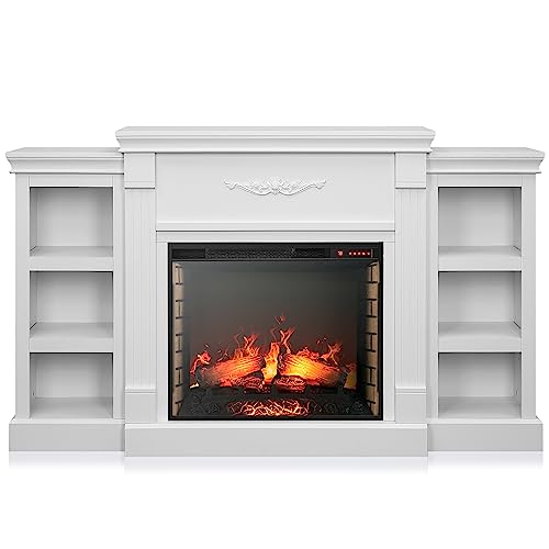 BELLEZE Modern 70" Electric Fireplace Heater Mantel TV Stand & Media Entertainment Center for TVs up to 68" with Energy-Efficient Heater with Sound an