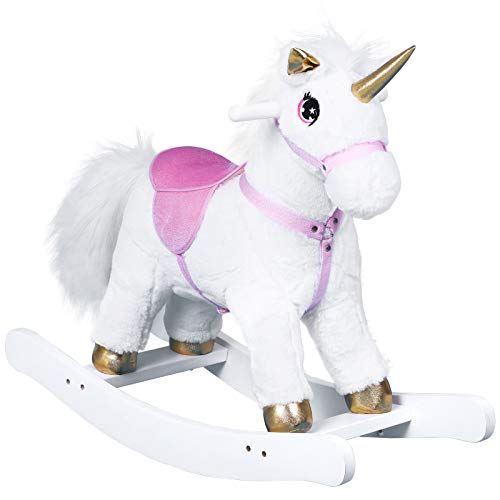 Qaba Unicorn Rocking Horse Toy with Sound for Kids, Wooden Plush Ride-On Rocker