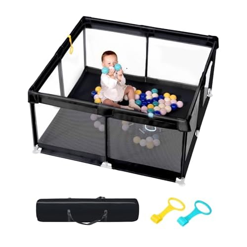 Upgraded Dearlomum Baby Playard, 50″x50″ Baby Playpen with Gate, Anti-Slip Thick Base & Soft Mesh Sides, Indoor & Outdoor Activity Center for Toddlers (Black)