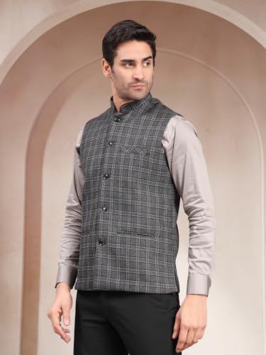 Image of Vastraa Fusion Men's Traditional Woolen Nehru Jacket Modi Waistcoat (VS4423-BLACK CHECK-2-)