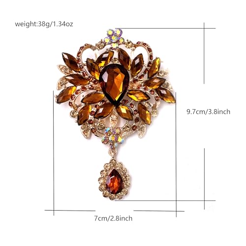 Image of LAXPICOL Wedding Bridal Big Brown Crystal Rhinestone Bouquet Brooch Pin for Women Golden Tone