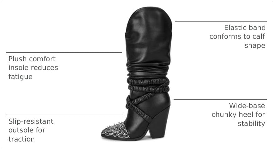 Image of Women's Studded Pointed Toe Western Boots Slouchy Knee High Chunky Heel | Studded Pointed Toe with Ruched Strap Detail and Chunky Heel