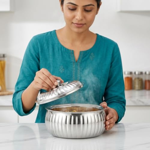 Image of CLASSIC ESSENTIALS Tripot Double Wall Insulated Stainless Steel Lotus Casserole 1500 ml | Hot Pot Food Storage & Serving Container | Thermal Belly Casserole for Roti, Rice, Dal, Curry & Meals